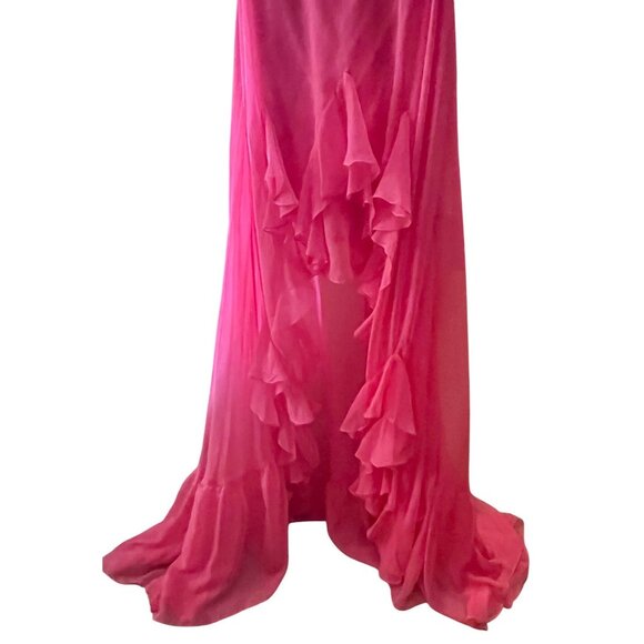 Mac Duggal RARE Hot Pink High-Low Gown Halter Neck Tiered Slit Skirt Size 2 - Picture 14 of 16